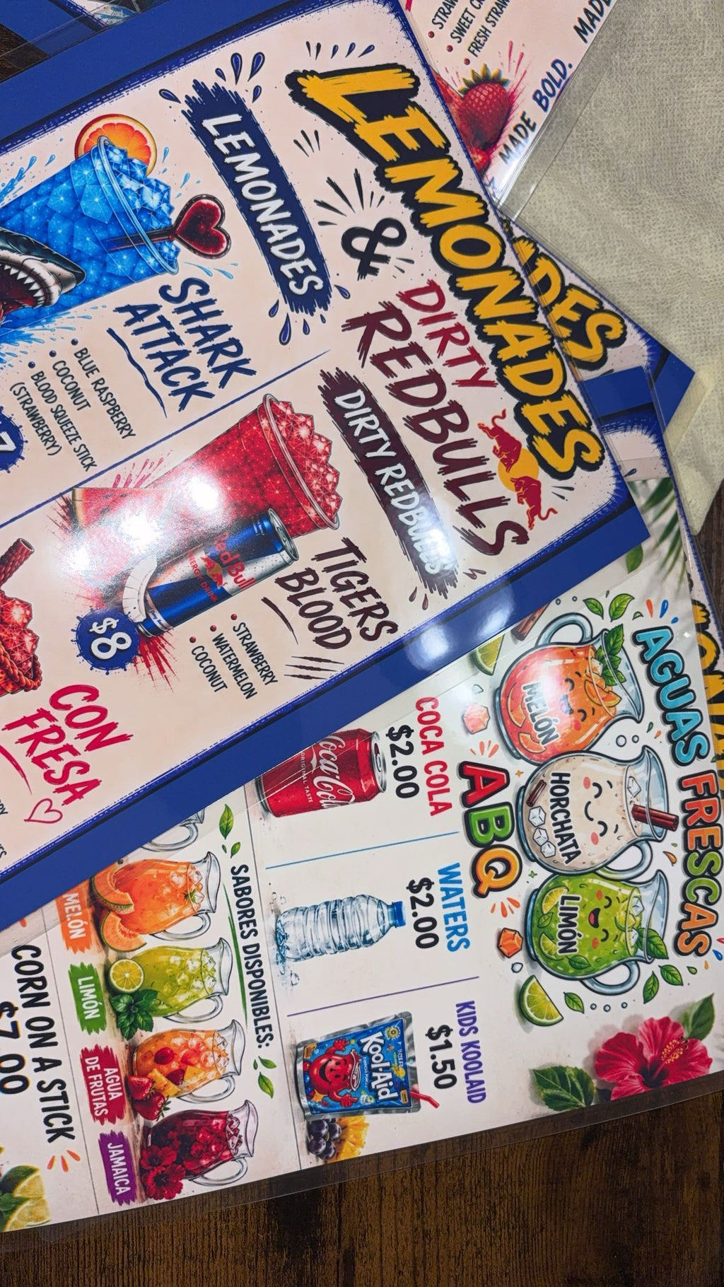 Laminated flyers/menus